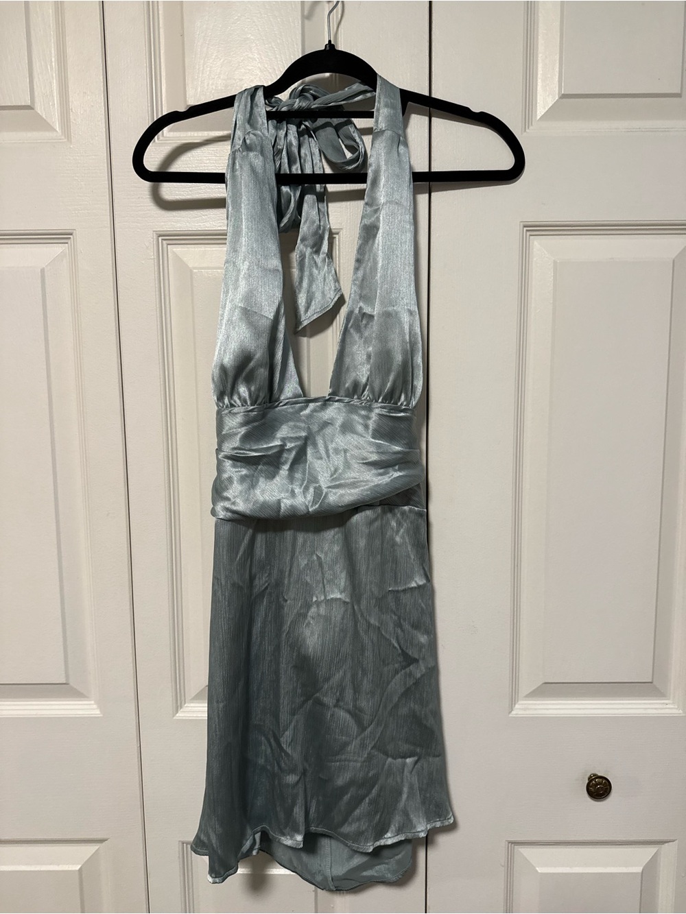 Cider Satin Halter Mini Dress in Silver-Blue